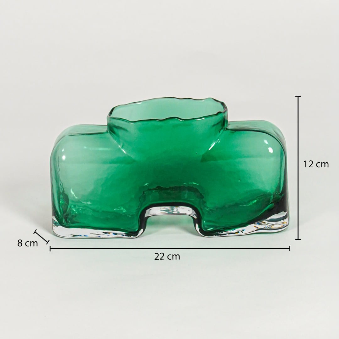 Green art glass vase dimension image showing 12 cm height 22 cm width and 8 cm depth decorative glass accent for table styling.