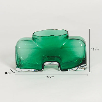 Green art glass vase dimension image showing 12 cm height 22 cm width and 8 cm depth decorative glass accent for table styling.