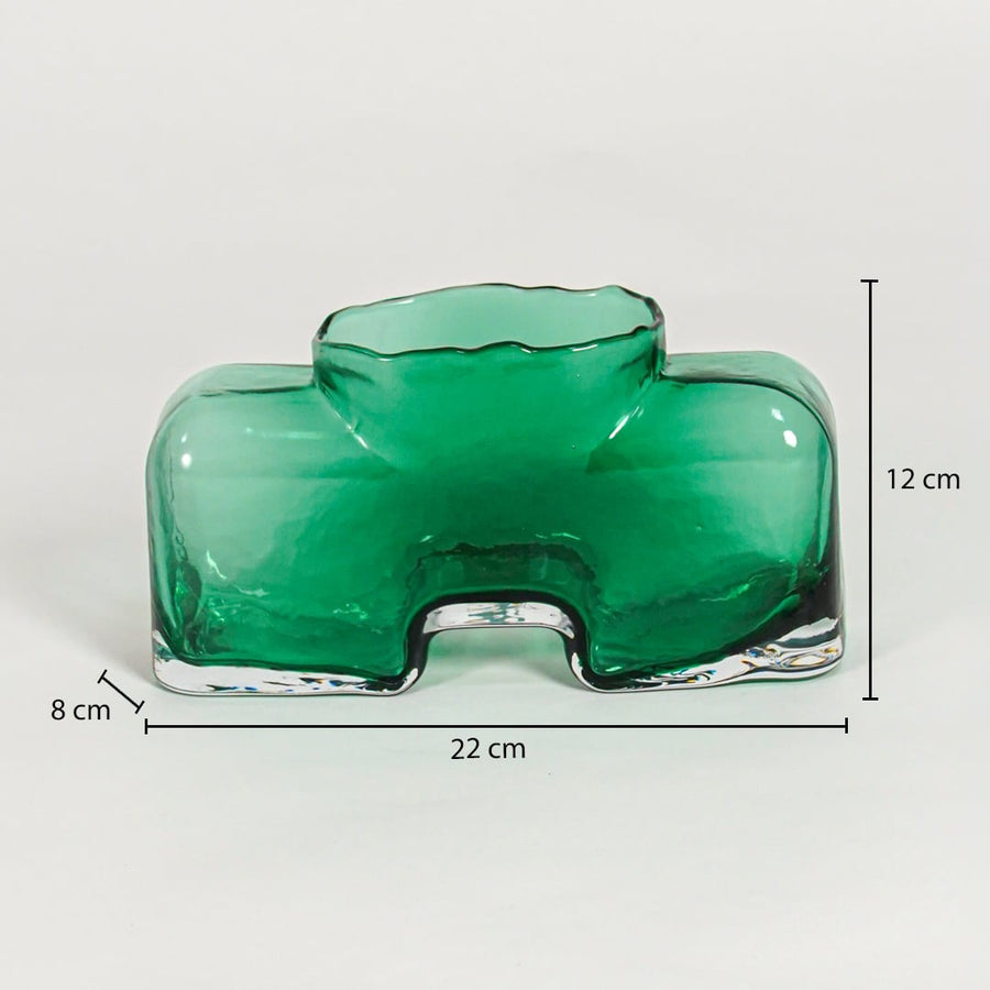 Green art glass vase dimension image showing 12 cm height 22 cm width and 8 cm depth decorative glass accent for table styling.