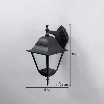 Black metal outdoor wall light dimension image with 40 cm height and clear glass shade for patio decor.