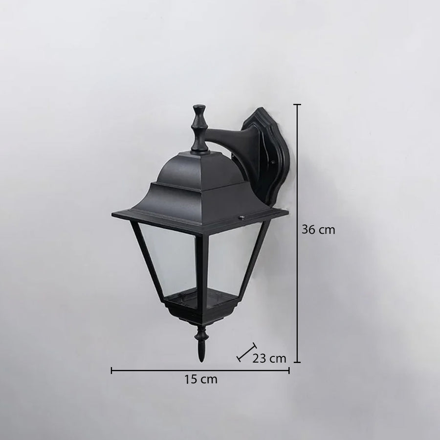 Black metal outdoor wall light dimension image with 40 cm height and clear glass shade for patio decor.