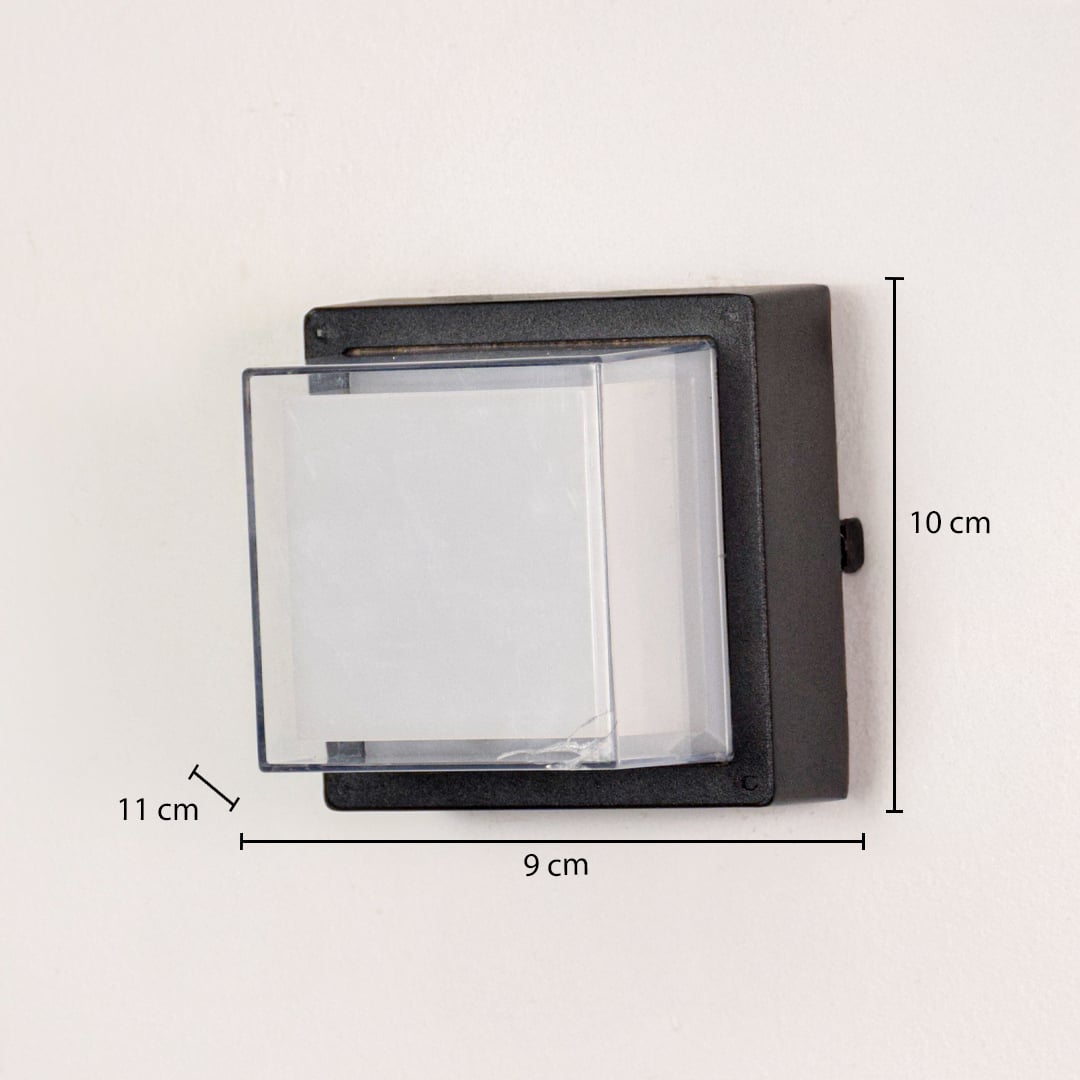 Black square outdoor wall light with 10 cm height 9 cm width and 11 cm projection for precise exterior installation.