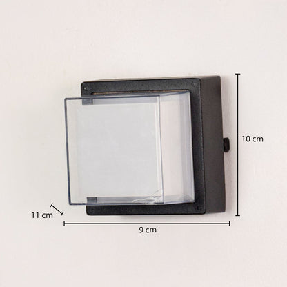 Black square outdoor wall light with 10 cm height 9 cm width and 11 cm projection for precise exterior installation.