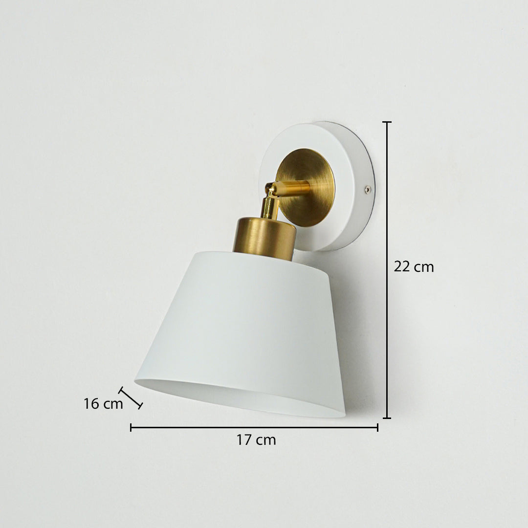 Wall light with white cone shade and gold mount sized 22 cm height 17 cm width and 16 cm depth ideal for wall decor placement.