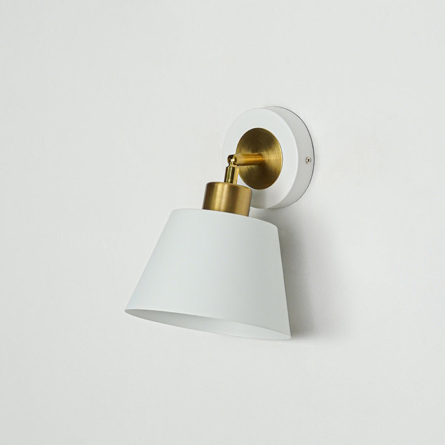 Minimal wall light with white cone shade and gold accent perfect for modern interior wall decor placement on clean white background.