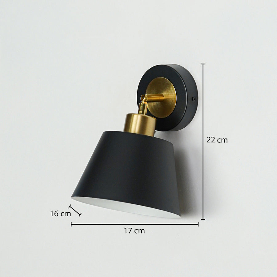 Modern black and gold metal wall light with 22cm height and 17cm width for stylish hallway bedroom decor.