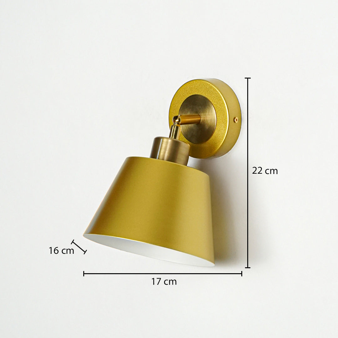 Gold metal wall light with cone shade sized 22 cm height 17 cm width and 16 cm depth ideal for interior wall decor.