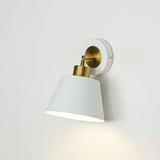 Wall light with white cone shade and gold metal mount ideal for modern bedroom or hallway wall decor on clean background.