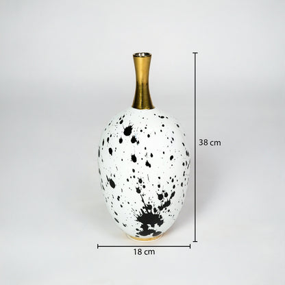 White and black ceramic vase with gold neck dimension image with 39 cm height and 18 cm width for decor.
