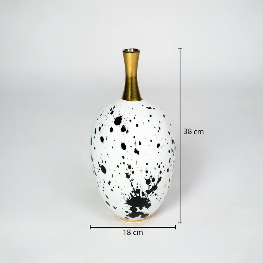 White and black ceramic vase with gold neck dimension image with 39 cm height and 18 cm width for decor.