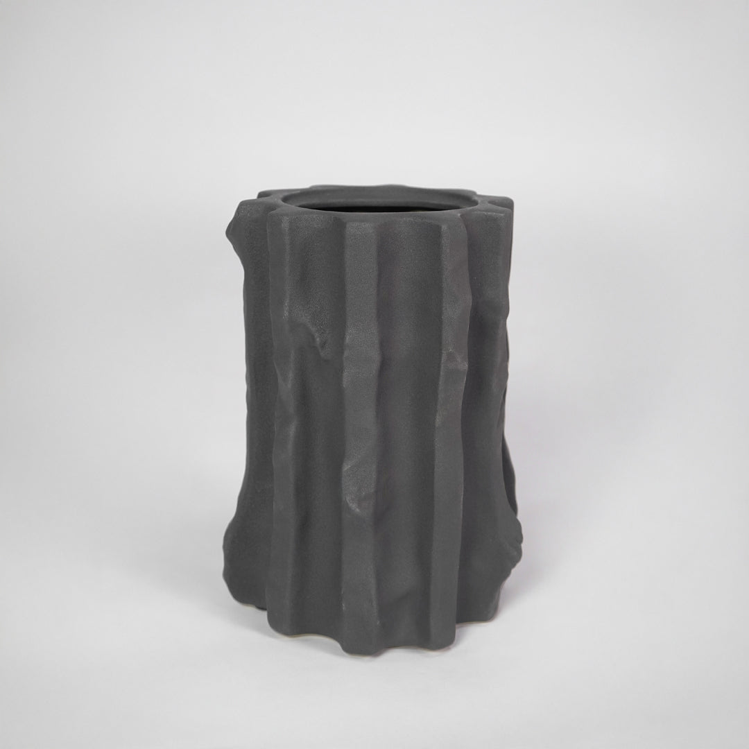 Black textured ceramic planter pot for modern indoor shelf placement and elegant home decor styling accent piece.