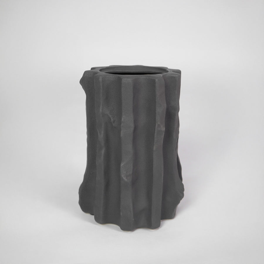 Black textured ceramic planter pot for modern indoor shelf placement and elegant home decor styling accent piece.