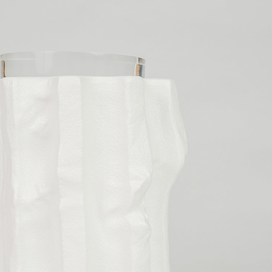 Closeup image of white ceramic modern vase for elegant tabletop decor styling with smooth artistic finish display.