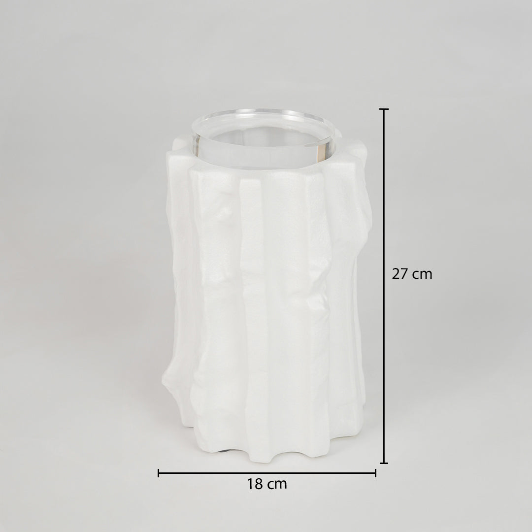 White textured ceramic vase dimension image with 27 cm height and 18 cm width for elegant shelf decor.