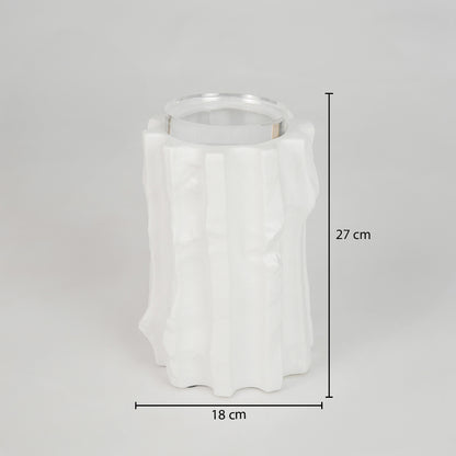 White textured ceramic vase dimension image with 27 cm height and 18 cm width for elegant shelf decor.