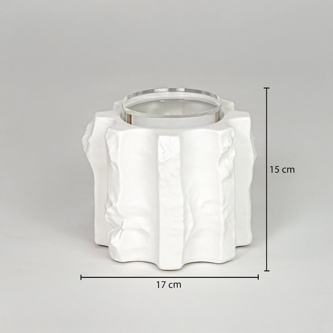 White ceramic decorative vase size 15 cm height 17 cm length modern textured flower vase dimension reference image.