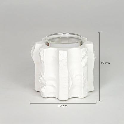 White ceramic decorative vase size 15 cm height 17 cm length modern textured flower vase dimension reference image.