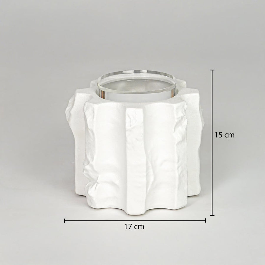 White ceramic decorative vase size 15 cm height 17 cm length modern textured flower vase dimension reference image.