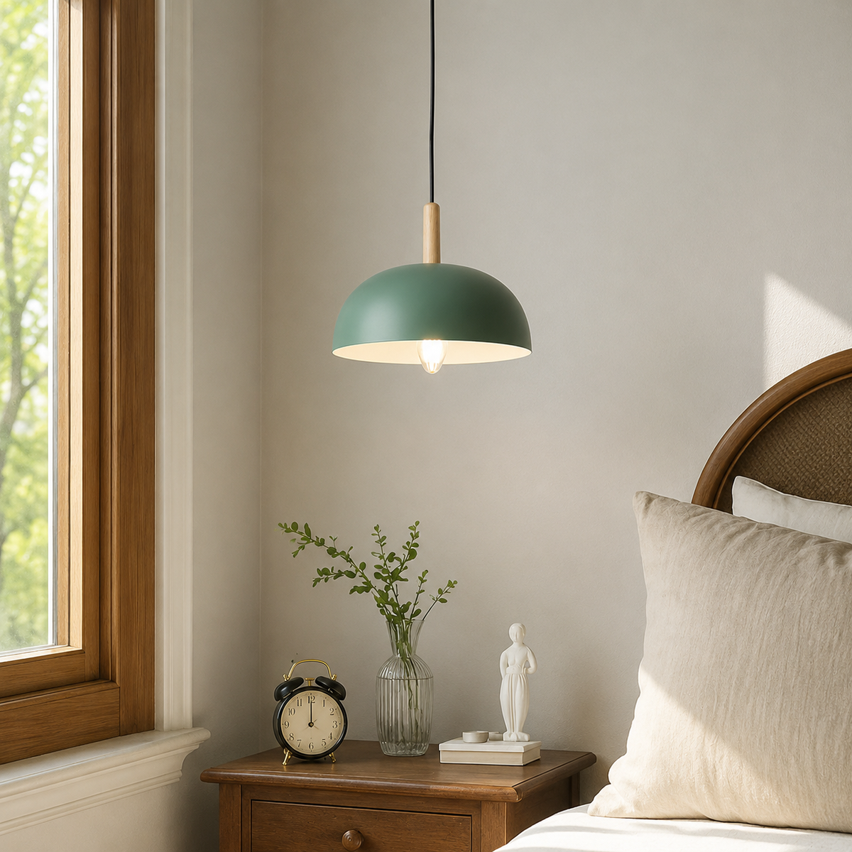 A green dome pendant light with a natural wood accent hangs above a wooden nightstand in a softly lit bedroom corner with a window, clock, vase, and bed visible.