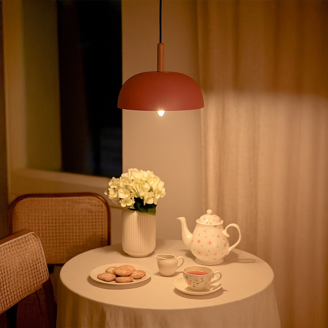 Pink dome pendant light with wooden accent hanging above dining table for cozy modern cafe and home ceiling lighting decor.