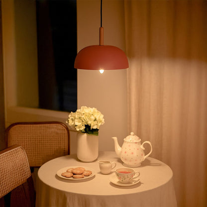 Pink dome pendant light with wooden accent hanging above dining table for cozy modern cafe and home ceiling lighting decor.