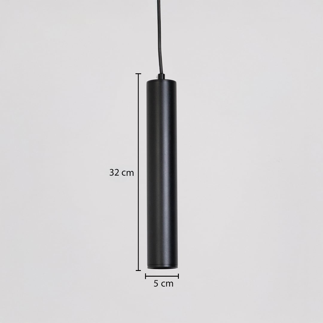Black tubular pendant light shown with 32 cm height and 5 cm width for accurate size reference.