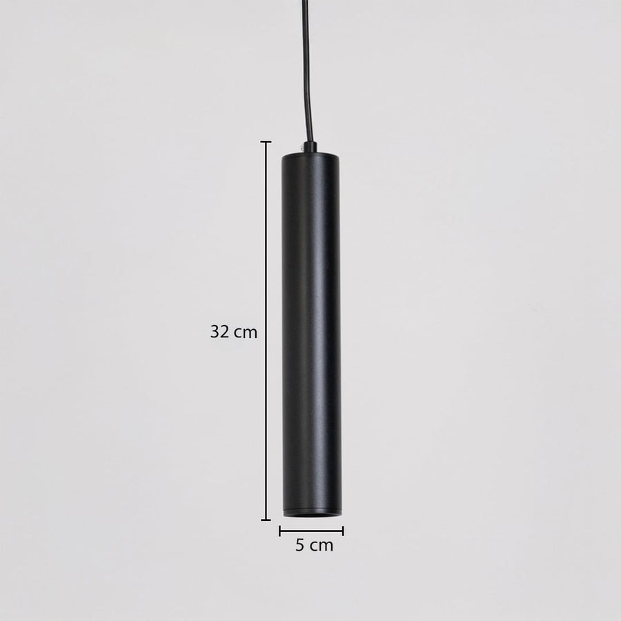 Black tubular pendant light shown with 32 cm height and 5 cm width for accurate size reference.
