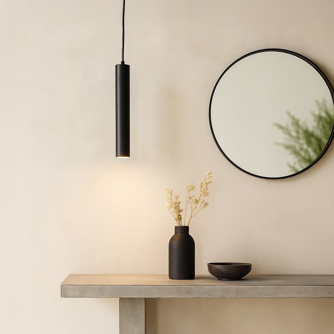Sleek black tubular pendant light adding focused modern lighting to a clean contemporary interior setting.