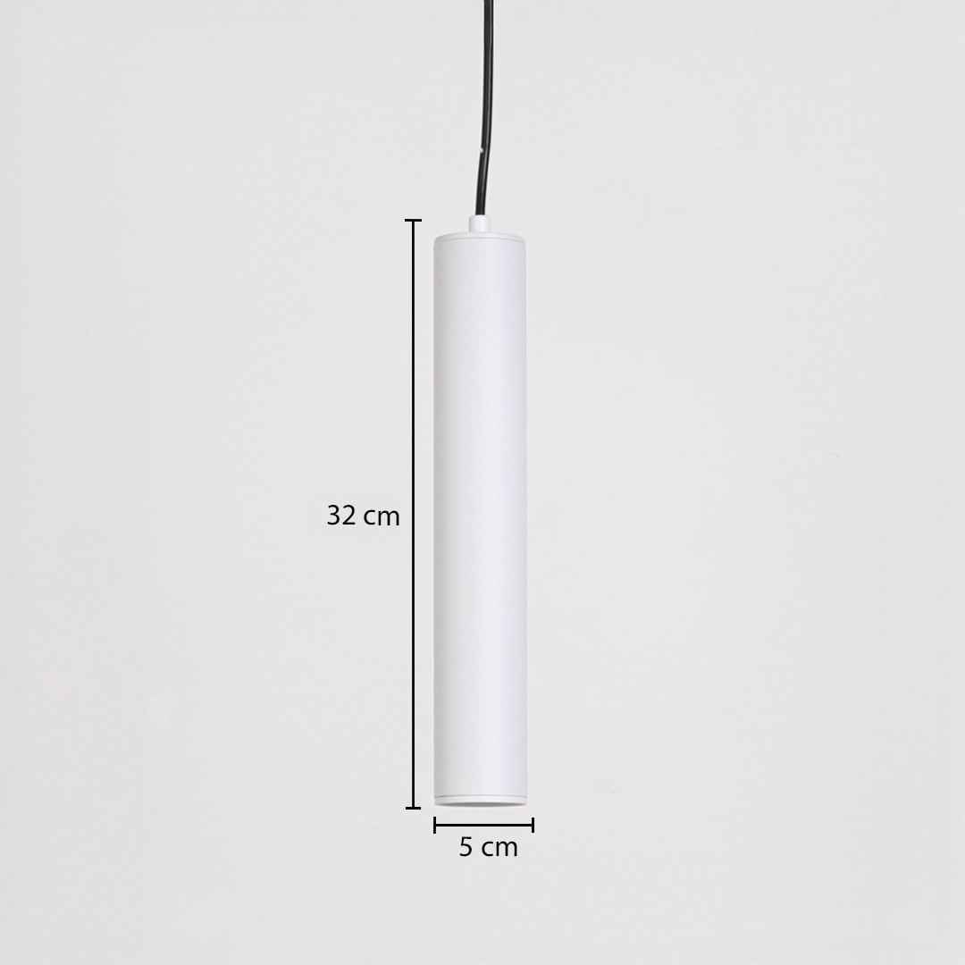 White tubular pendant light shown with 32 cm height and 5 cm width for accurate size reference.
