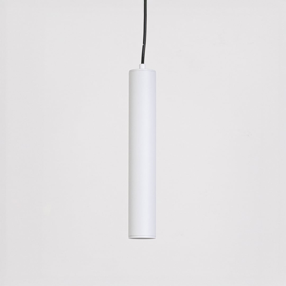 White tubular pendant light shown on a white background with lights off highlighting its simple modern form.