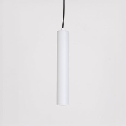 White tubular pendant light shown on a white background with lights off highlighting its simple modern form.