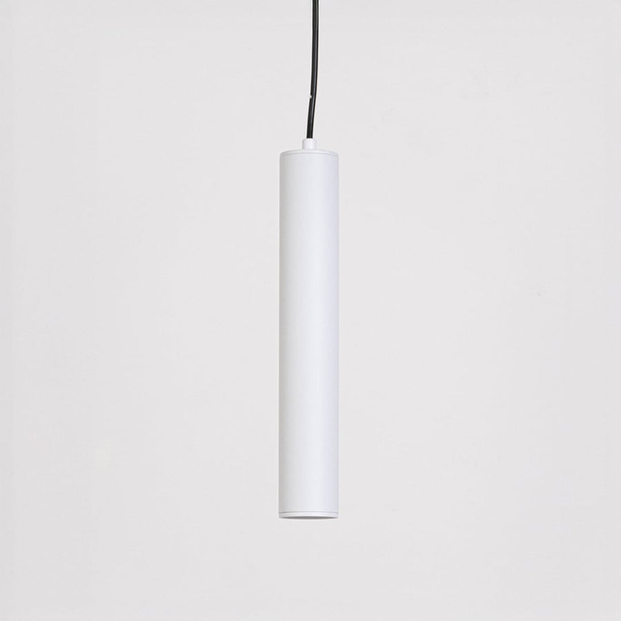 White tubular pendant light shown on a white background with lights off highlighting its simple modern form.