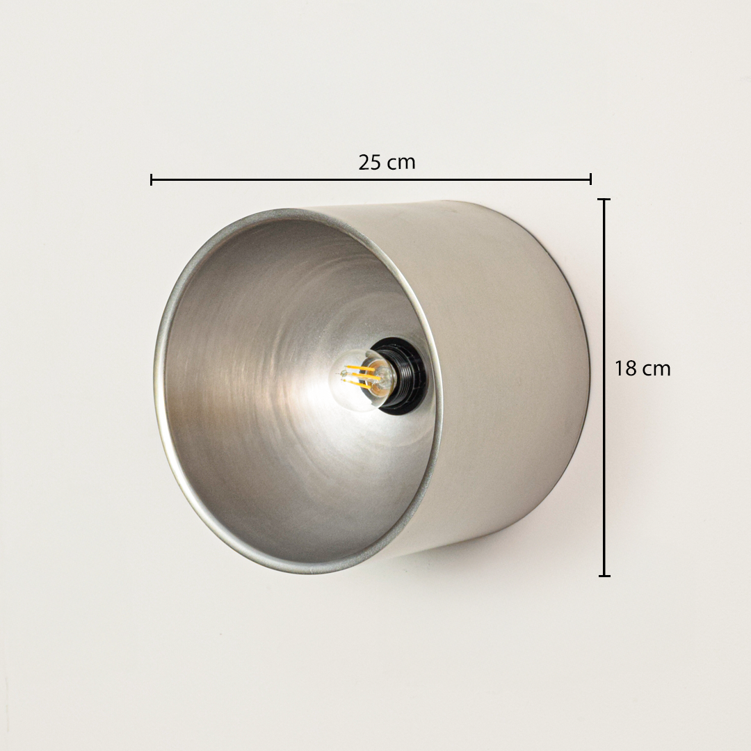 Industrial silver metal cylinder cup wall sconce lamp displaying a length dimension of twenty-five centimeters.