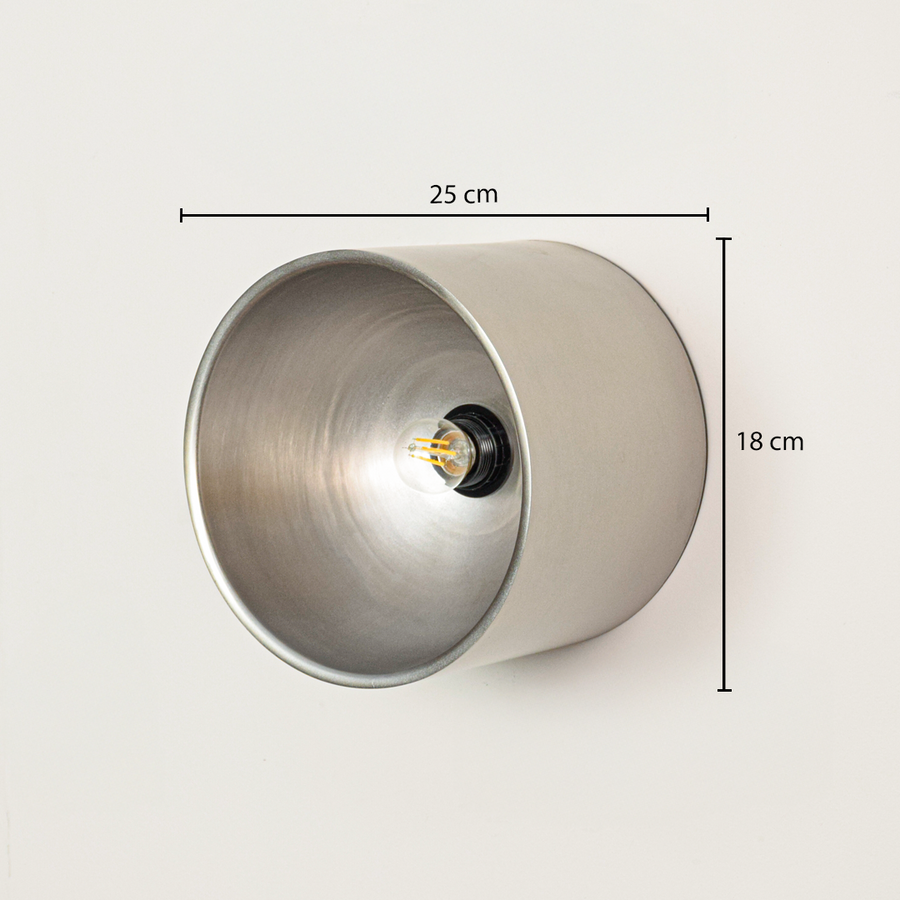 Industrial silver metal cylinder cup wall sconce lamp displaying a length dimension of twenty-five centimeters.