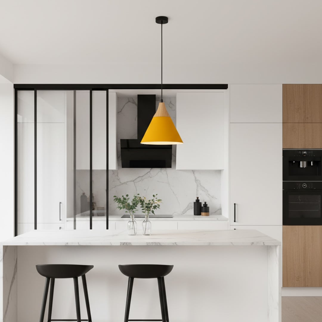 Yellow pendant light with wooden top and conical shade styled above dining table for modern home lighting decor.