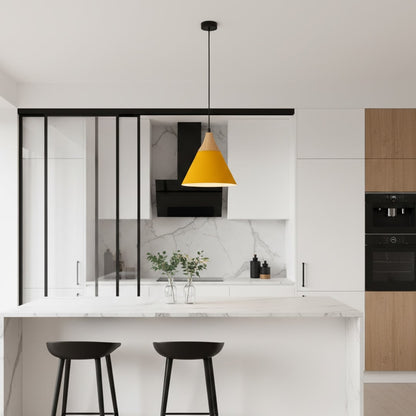 Yellow pendant light with wooden top and conical shade styled above dining table for modern home lighting decor.