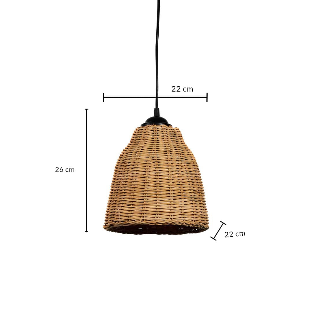 Dimension image of tapered bell rattan pendant light with black socket hardware showing 26 cm height and 22 cm width.