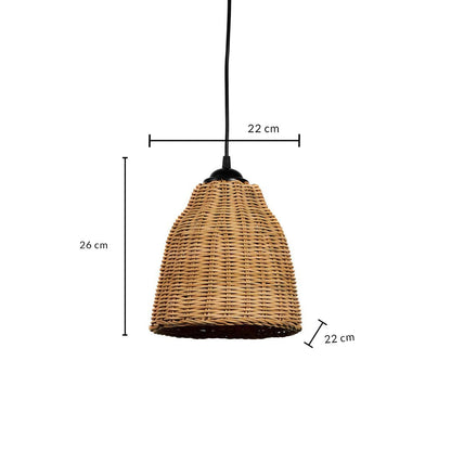 Dimension image of tapered bell rattan pendant light with black socket hardware showing 26 cm height and 22 cm width.