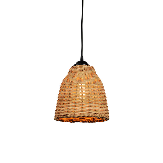 Minimal rattan pendant light with tapered woven design hanging from black cord displayed on soft neutral wall background for natural modern decor look.