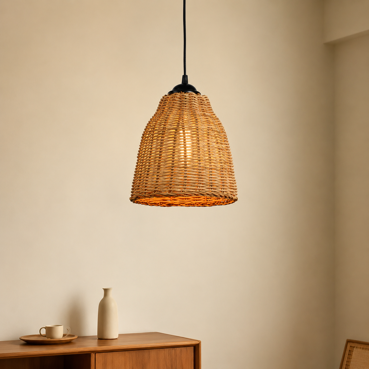 A woven rattan pendant light shade glowing with warm light, hanging in a minimalist room with a wooden sideboard and neutral wall.