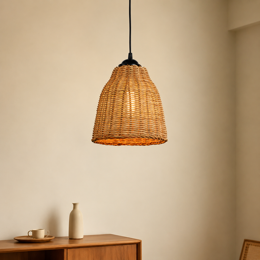 A woven rattan pendant light shade glowing with warm light, hanging in a minimalist room with a wooden sideboard and neutral wall.