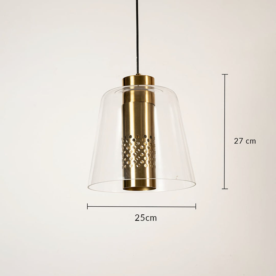 Brushed gold and clear glass pendant light measuring 27 cm by 25 cm shown clearly for accurate placement in modern living or dining decor.