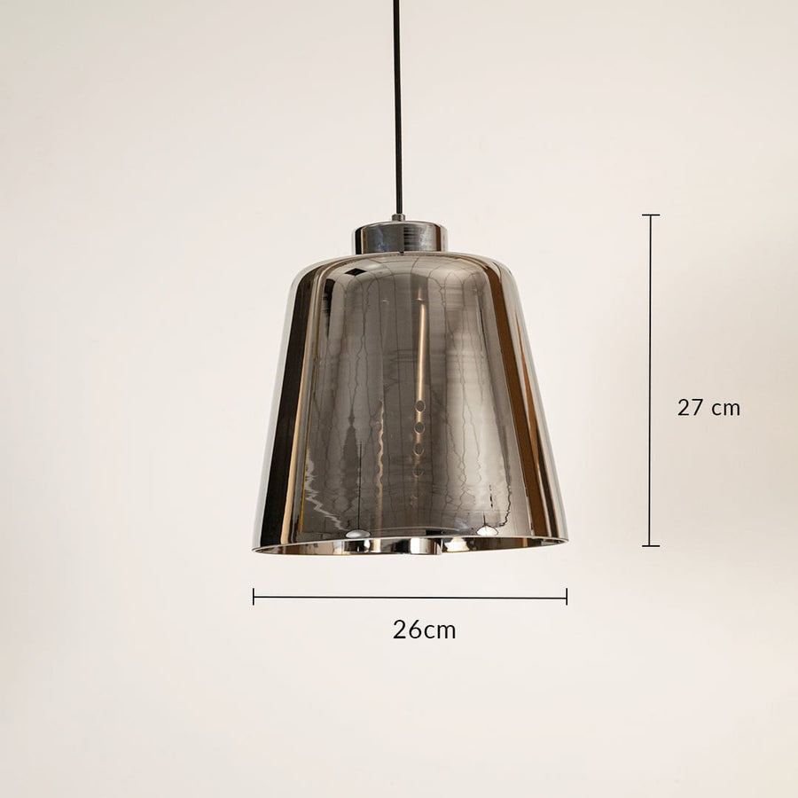 Smoked grey glass pendant light measuring 27 cm by 26 cm shown clearly for accurate placement in dining living or modern interior spaces.