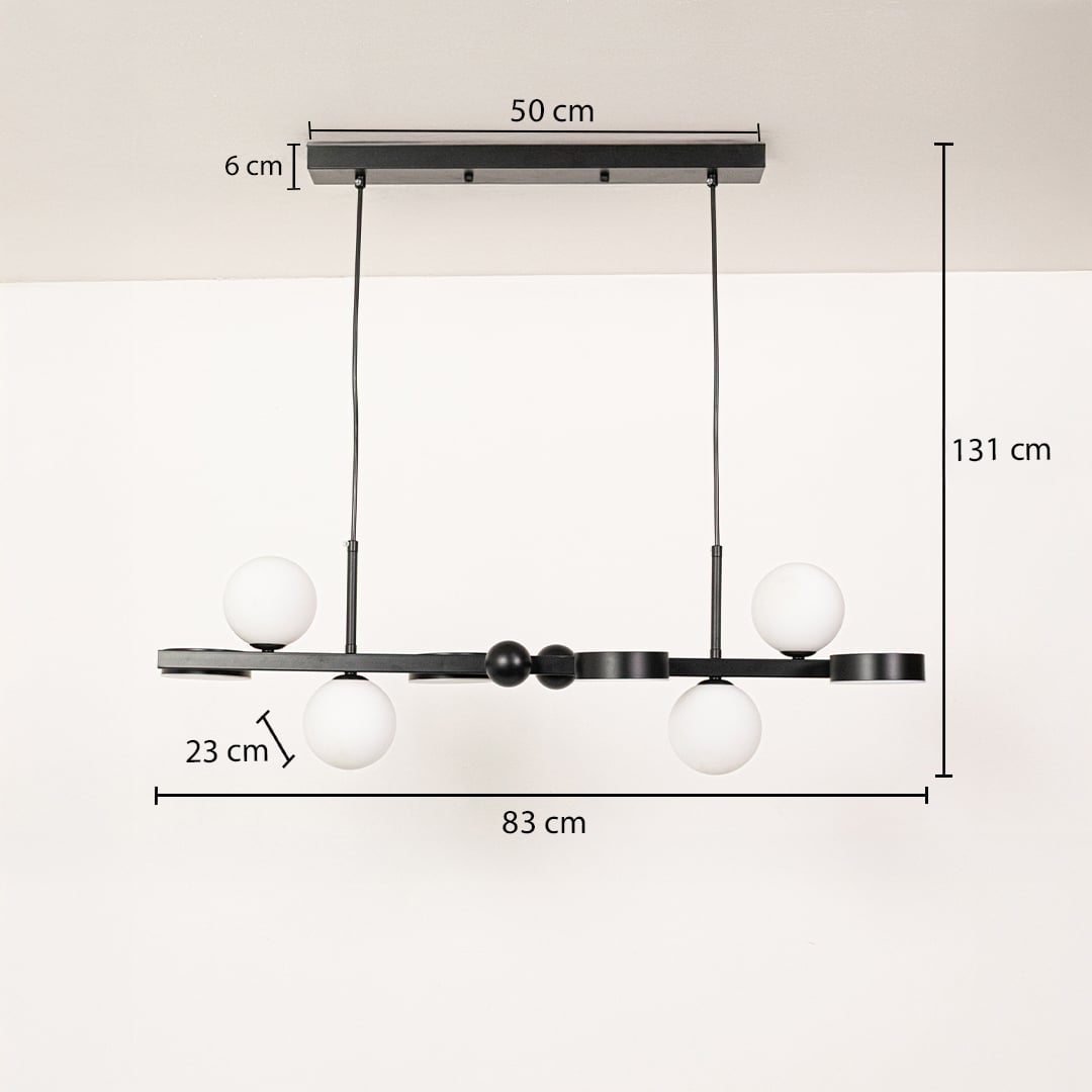 Black metal chandelier shown with detailed measurements including 83 cm width 23 cm drop 131 cm total height and 50 cm ceiling plate for accurate installation.
