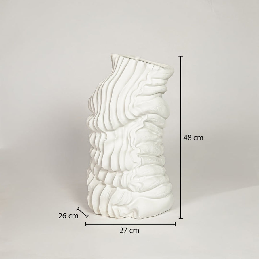 White ceramic abstract textured decorative vase showing 27 cm width 26 cm depth and 48 cm height ideal for living room floor decor.