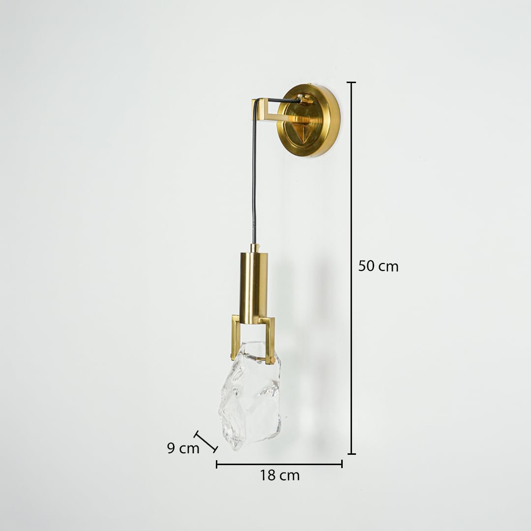 Gold metal wall light measuring 50 cm height and 18 cm width for elegant modern lighting decor placement.