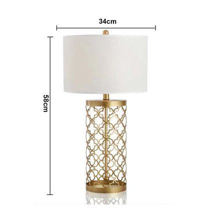 White shade gold lattice table lamp with size 63cm height and 34cm width with light off on white background for chic luxury décor.