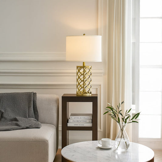 White shade geometric lamp on side table with light off and bright window background for clean modern décor.