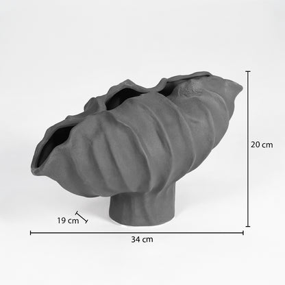 Grey textured ceramic planter bowl dimension image with 20 cm height and 34 cm width for shelf decor.
