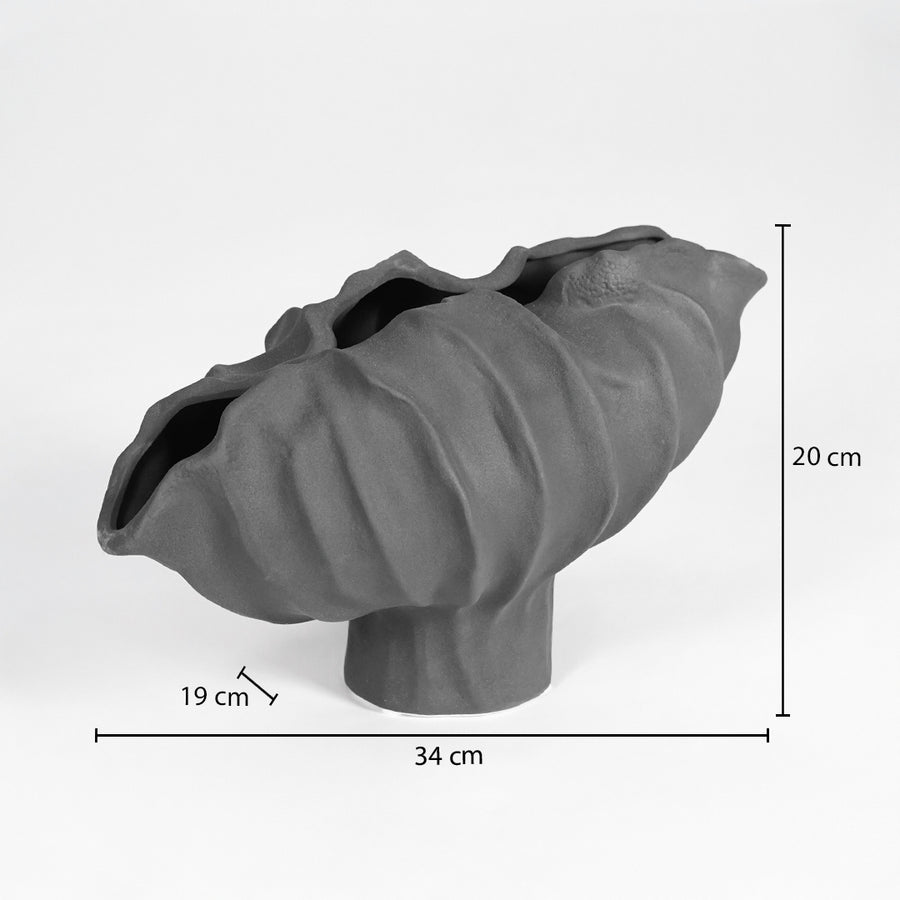 Grey textured ceramic planter bowl dimension image with 20 cm height and 34 cm width for shelf decor.